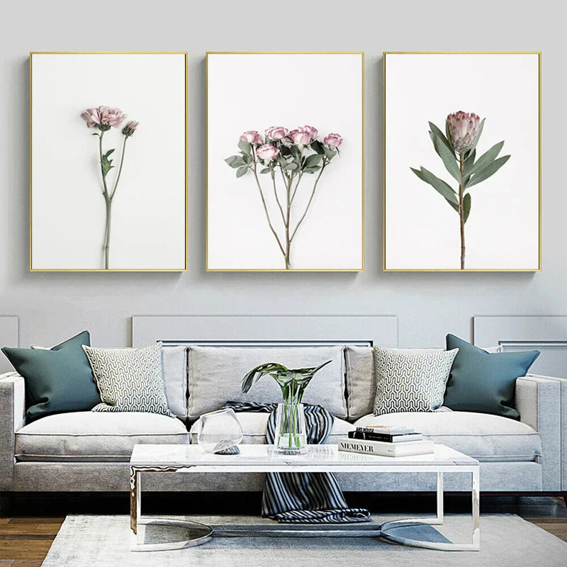 Minimalist Pink Floral Botanical Wall Art Fine Art Canvas Prints Posters Elegant Pictures For Nordic Living Room Dining Room Bedroom Art Decor | Skanto