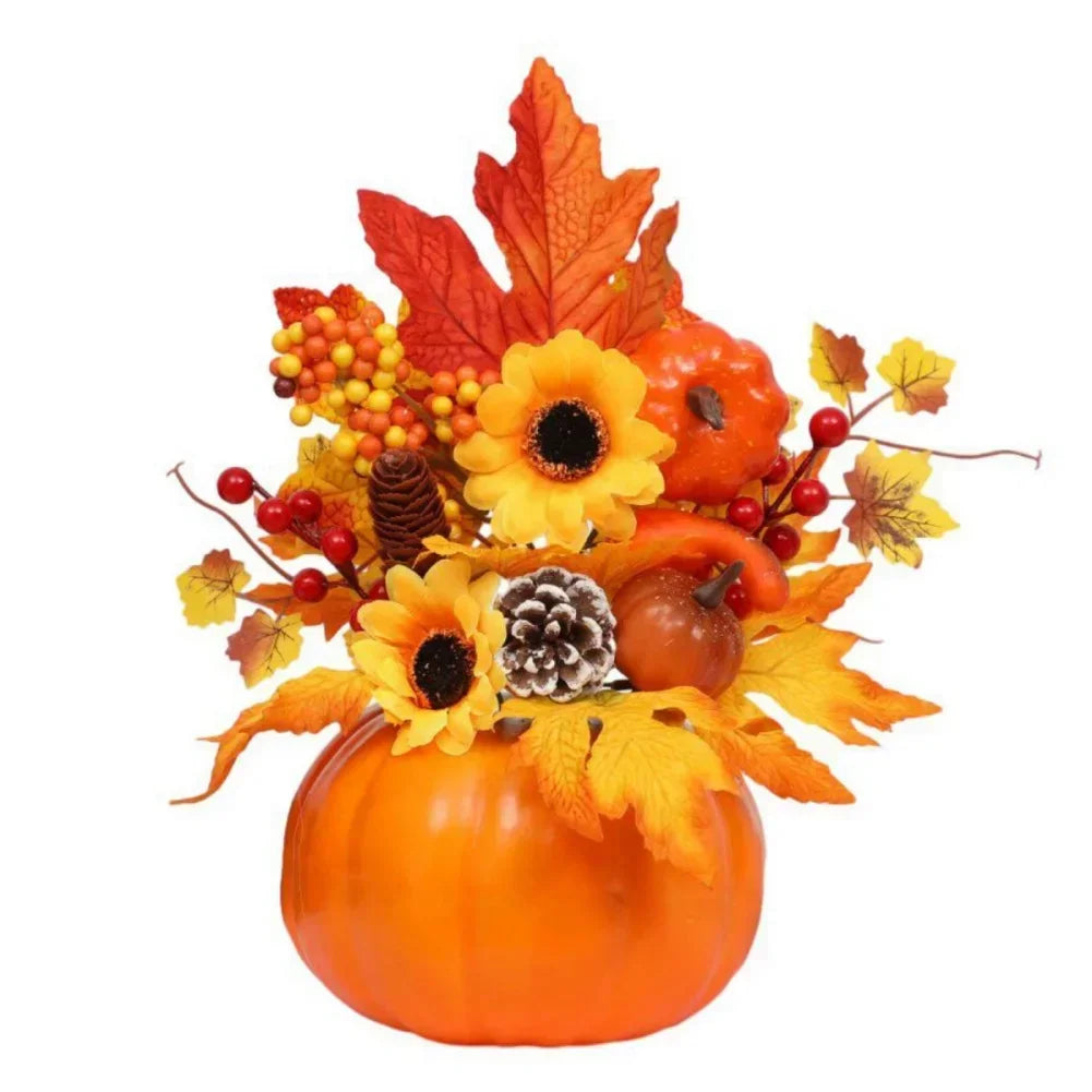 Skanto | Høstmagi | Dekorativ gresskar med kunstige blomster | 25–30 cm | Høst- og Halloween-dekor