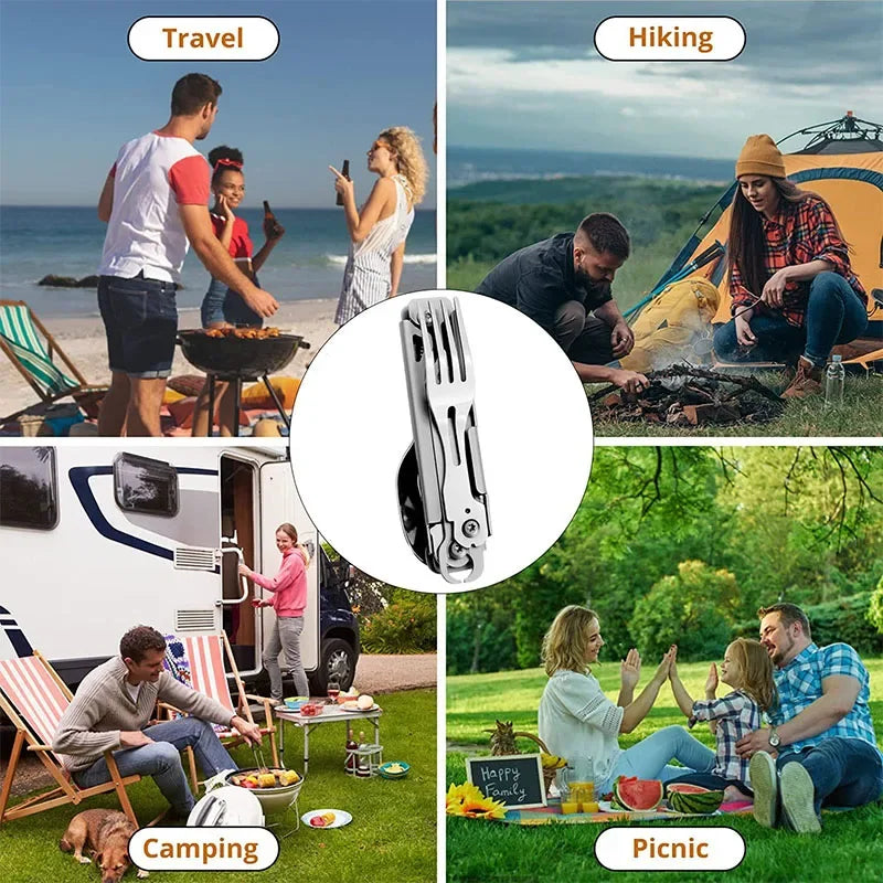 Norvo | Sammenleggbart Camping Bestikksett – Multifunksjonelt bærbart kniv, skje, gaffel, flaske- & døsåpner for piknik- & utendørsutstyr
