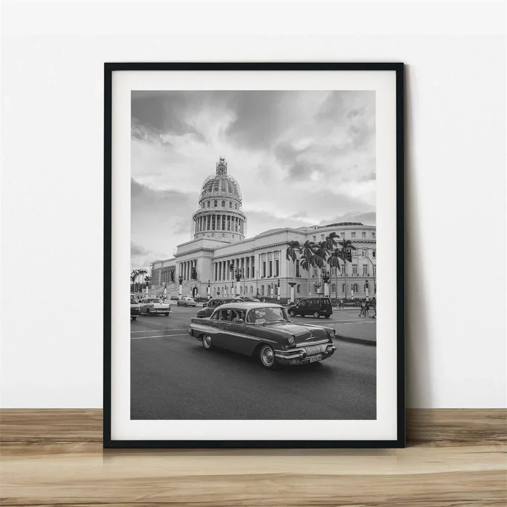 Cuba Havana Black & White Travel Poster Wall Art Fine Art Canvas Print Pictures For Living Room Dining Room | Skanto