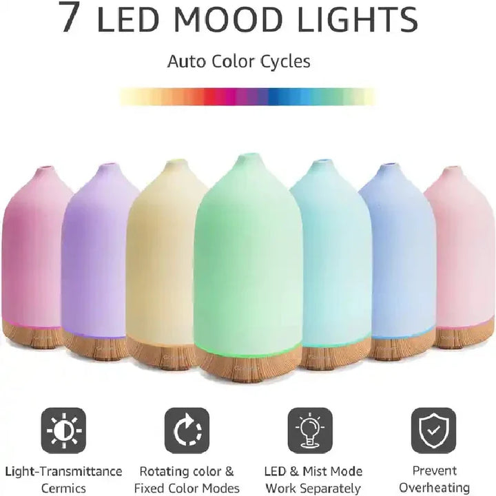 Skanto | Aromisca Keramisk Aroma Diffuser | 100 ml Ultralyd Luftfukter | 7 LED Farger & Timer | Håndlaget Design | EU Støpsel