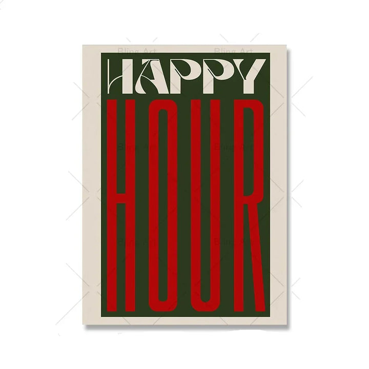 Retro Typographic Happy Hour Bar Cafe Kitchen Wall Art Fine Art Canvas Prints Pictures for Living Room Dining Room Colorful Art Decor | Skanto