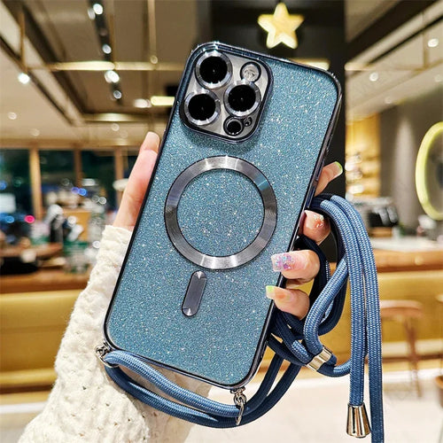 Luksus MagSafe Glitter Crossbody Stroppetui For iPhone 13 Elektroplaterte Trådløse Lade TPU Bakre Lanyard Deksel