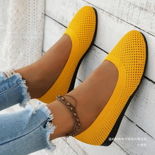 Skanto | Kvinner Rundtå Flat Sko Solid Farge Strikket Tøfler Casual Pustende Ballett Flats Kvinner Flat Sko Loafers Kvinner