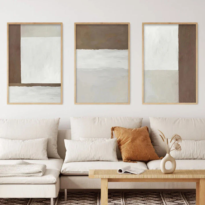 Abstract Brown Gray Beige Minimalist Geometric Wall Art Fine Art Canvas Prints Neutral Color Pictures for Modern Living Room Home Decor | Skanto