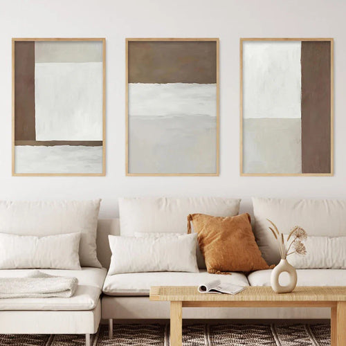 Abstract Brown Gray Beige Minimalist Geometric Wall Art Fine Art Canvas Prints Neutral Color Pictures for Modern Living Room Home Decor | Skanto