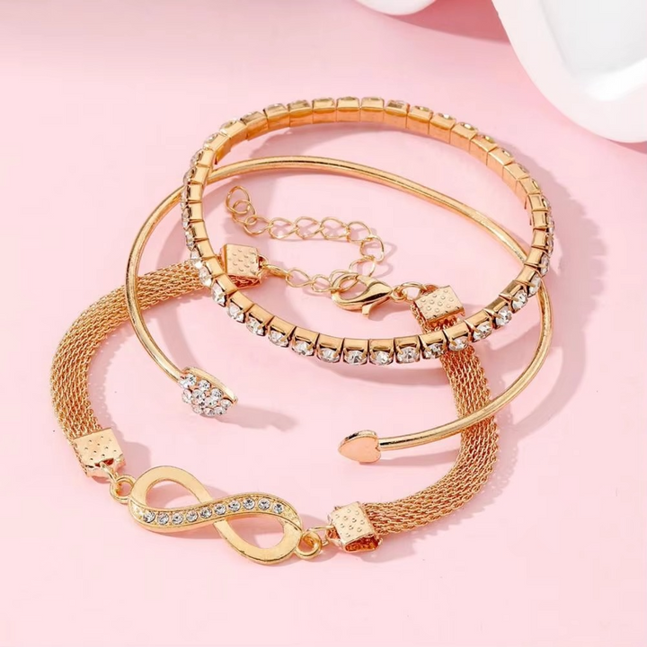 Skanto | Elegant Rhinestone Heart & Infinite Bracelet Set for Women - 3 Pieces