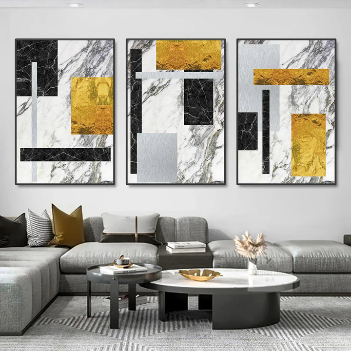 Svart Gylden Blokk Marmor Abstrakt Veggkunst Fin Kunst Lerretsutskrifter Moderne Geometriske Bilder For Stue Kontor Kunst Dekor | Skanto