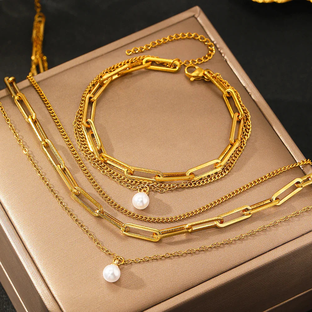 Skanto | Paperclip & Curb Chain Delikat Perle Armbånd og Halskjede Stabelsett