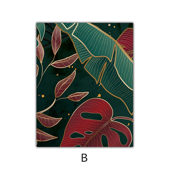 Modern Abstract Tropical Botanicals Wall Art Fine Art Canvas Prints Red Green Palm Leaves Posters Pictures For Living Room Hotel Room Decor | Skanto