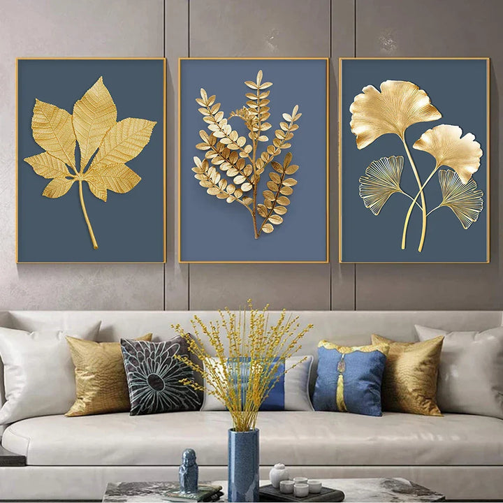 Blue Minimalist Golden Abstract Floral Wall Art Fine Art Canvas Prints Pictures for Luxury Living Room Dining Room Home Office Art Decor | Skanto