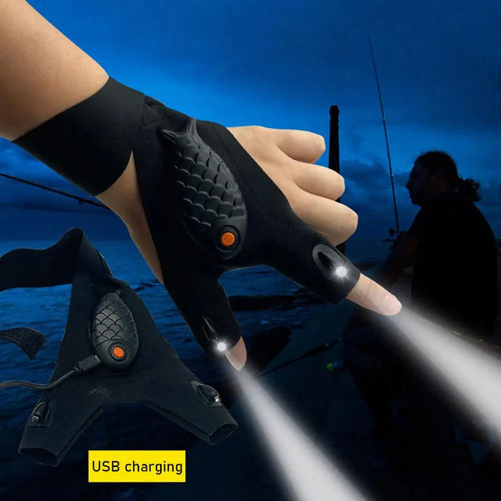 Oppladbare fingerløse reparasjonsfisking LED hansker | Skanto
