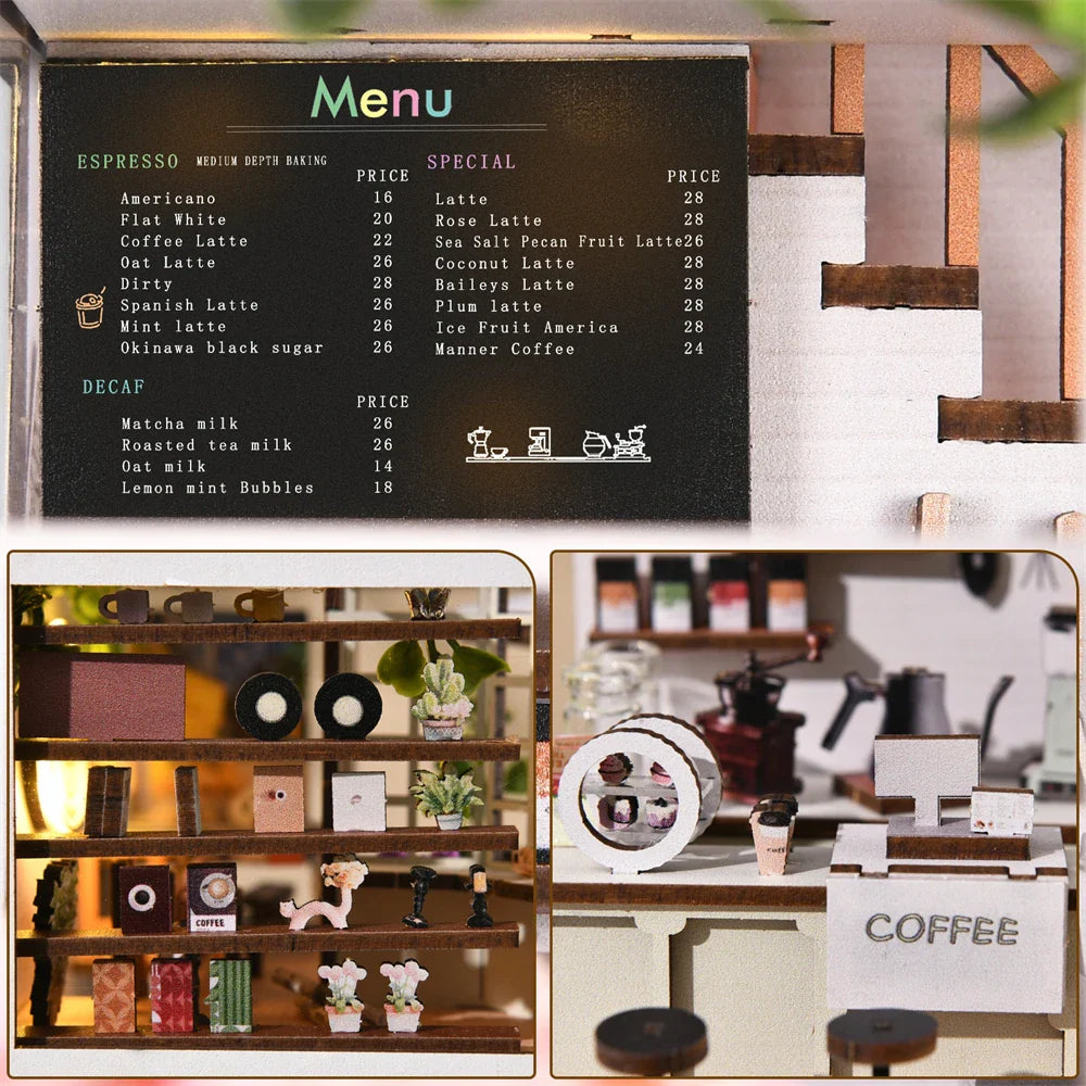 Skanto | SoleCaffè DIY Bokhylle | Miniatyr Kaffehus 3D Trebyggesett | Med LED-belysning | Kreativ Bokhylla Diorama & Gaveidé