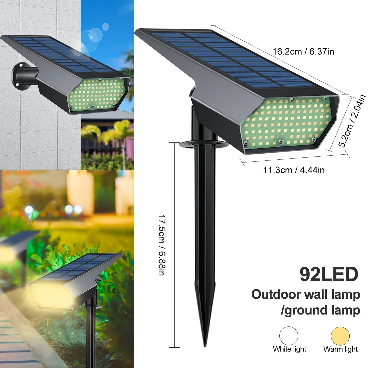 Norvo | Solar-Spotlight LumiYard 92LED | 2-farget hagebelysning (Varm-/Kald hvit) | IP65 vanntett & automatisk skumringssensor