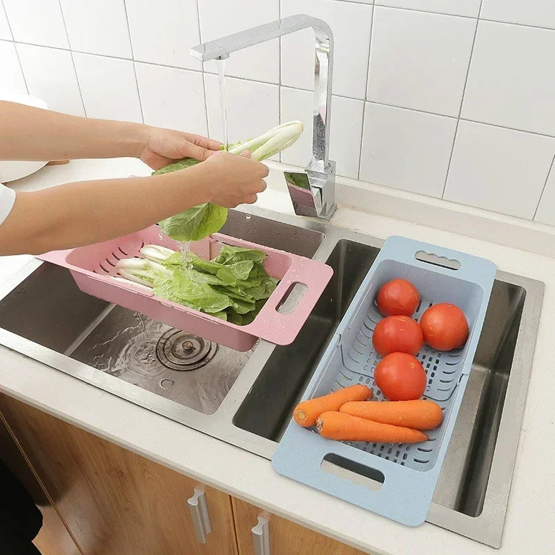 FlexDrain Dreneringskurv Kjøkken – Justerbar Kokedusjorganisator | Automatisk Drenering & Frukt Grønnsakstørrer | Plassbesparende Kjøkken Tilbehør | Skanto