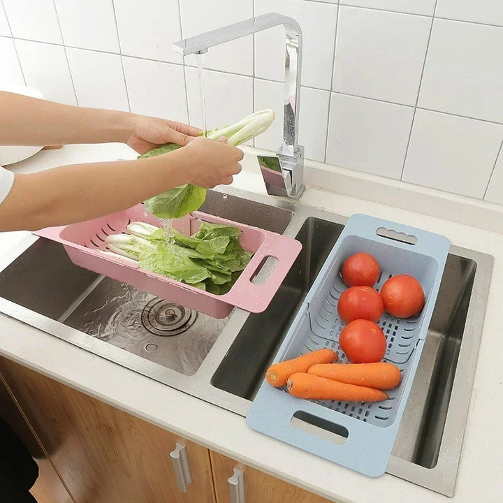 FlexDrain Dreneringskurv Kjøkken – Justerbar Kokedusjorganisator | Automatisk Drenering & Frukt Grønnsakstørrer | Plassbesparende Kjøkken Tilbehør | Skanto