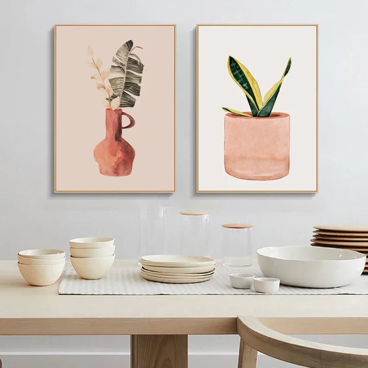 Minimalist Watercolor Cactus Potted Plant Green Leaves Wall Art Fine Art Canvas Prints Pictures for Dining Room Living Room Art Decor | Skanto