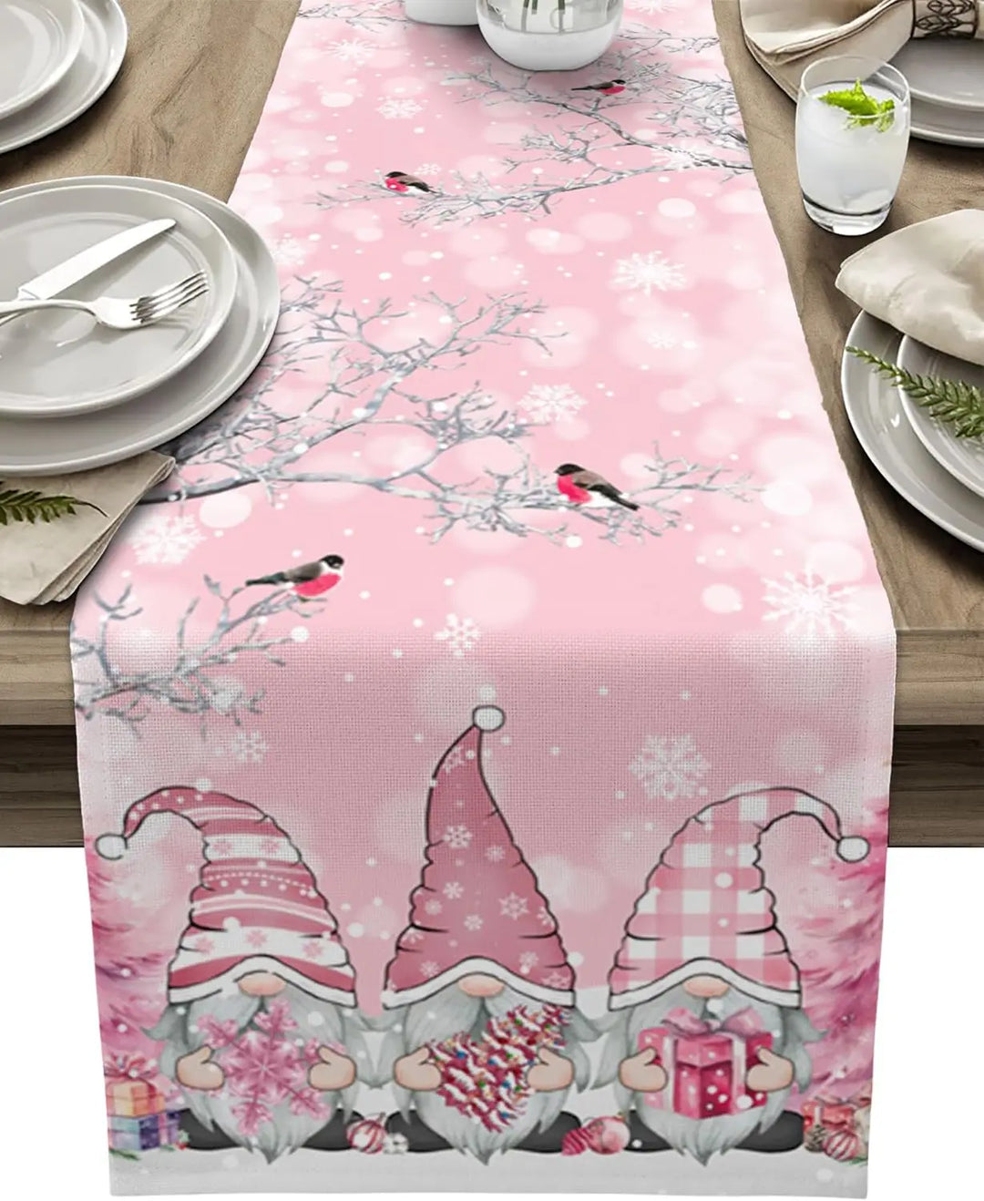 Skanto | SnowGnome Julebordløper – Luxe Linning Bordløper med Snøfnugg og Nisse Design