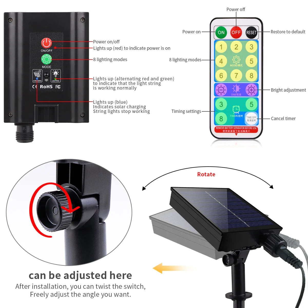 Norvo | Solstrenger 100M LumiSol ProLine | 8 Moduser | IP65 Vannresistent | Ekstra Lyse LED-lamper | Fjernkontroll & Hurtiglading | For Hage, Bryllup & Jul