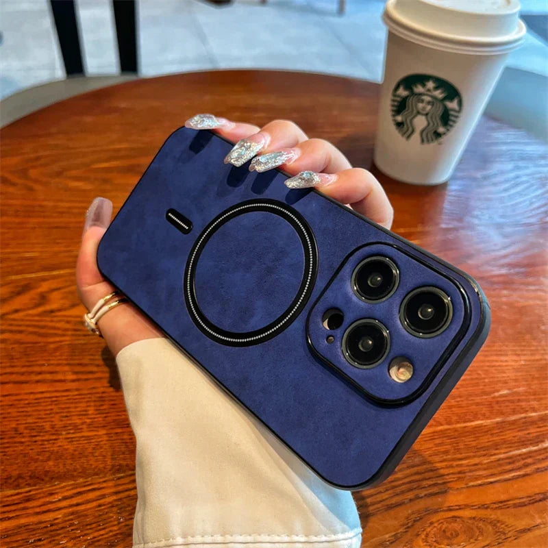 Norvo | Luxury Deer Leather Apple iPhone Case | Magnetisk telefonveske, trådløs veske, MagSafe, trådløs lading, beskyttelsesveske, deksel for iPhone 15, 14, 13 Pro Max Plus