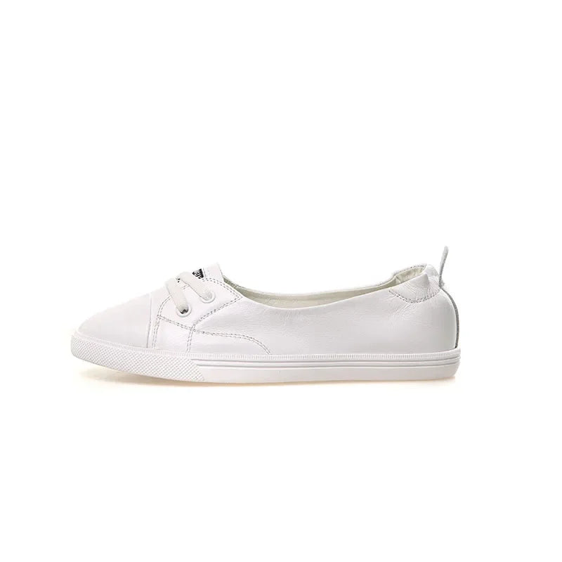 Skanto | 100% Ekte Lær Sko Kvinner Flate Casual Sko Myk Ku skinn Hvite Flats
