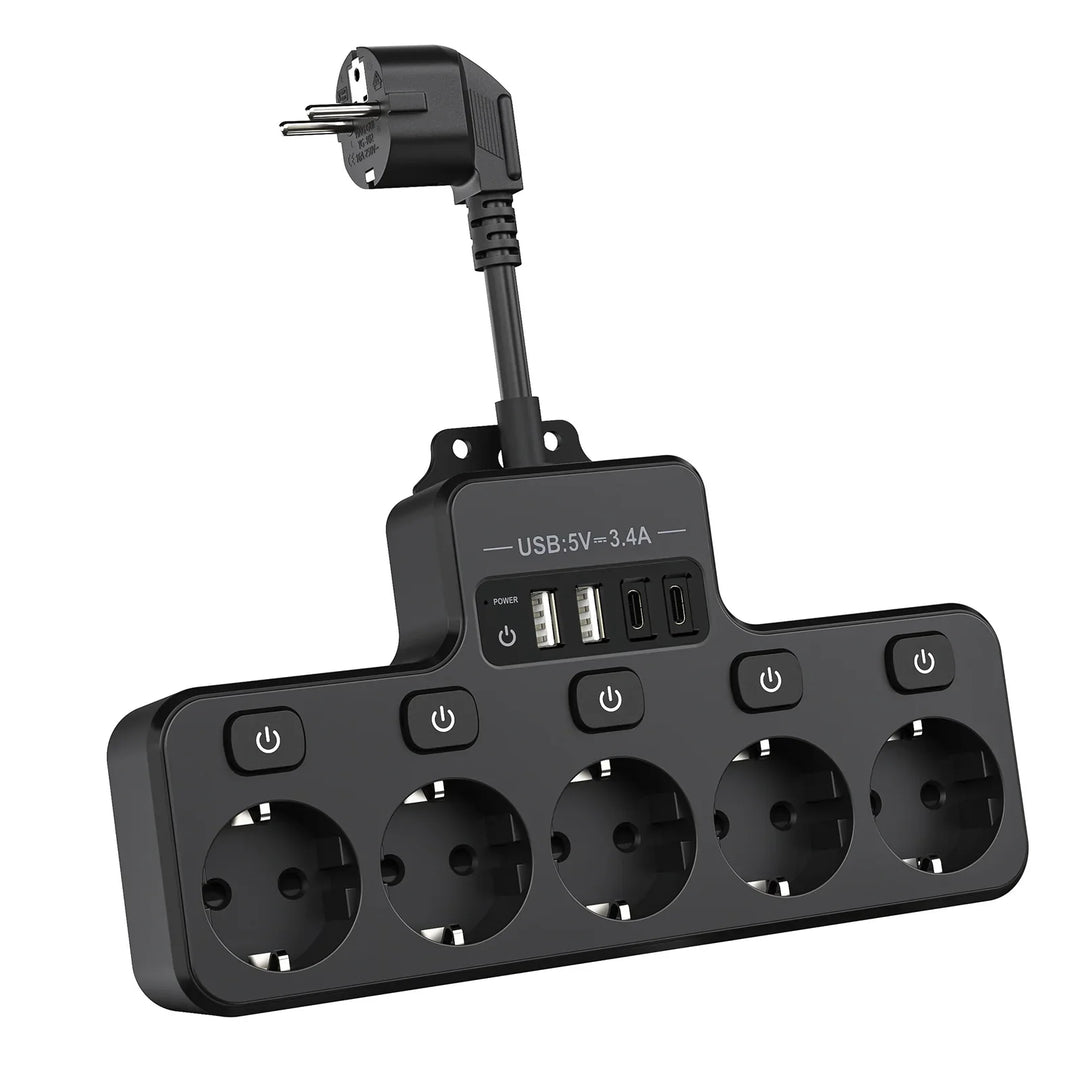 Skanto | Voltaro Pro 9-i-1 | Strømskinne EU | 5 AC-utganger + 4 USB (2× Type-C) | Individuell bryter | 16A | Kort kabel 10 cm