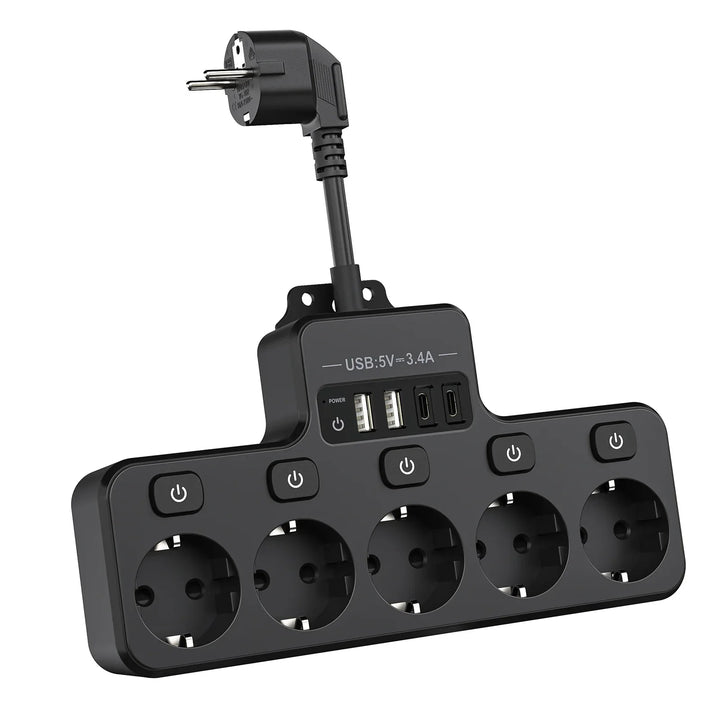 Skanto | Voltaro Pro 9-i-1 | Strømskinne EU | 5 AC-utganger + 4 USB (2× Type-C) | Individuell bryter | 16A | Kort kabel 10 cm