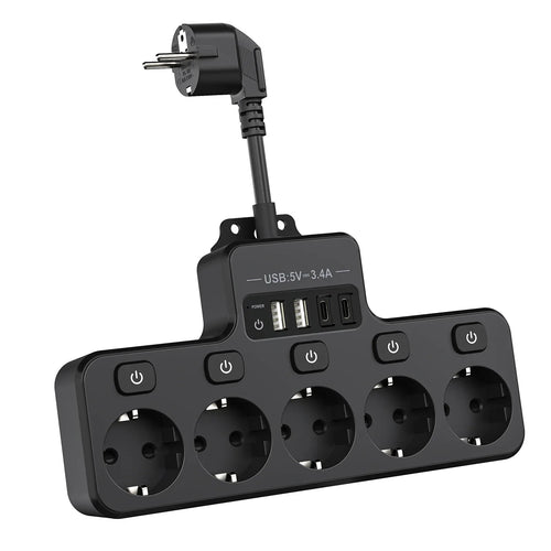 Skanto | Voltaro Pro 9-i-1 | Strømskinne EU | 5 AC-utganger + 4 USB (2× Type-C) | Individuell bryter | 16A | Kort kabel 10 cm