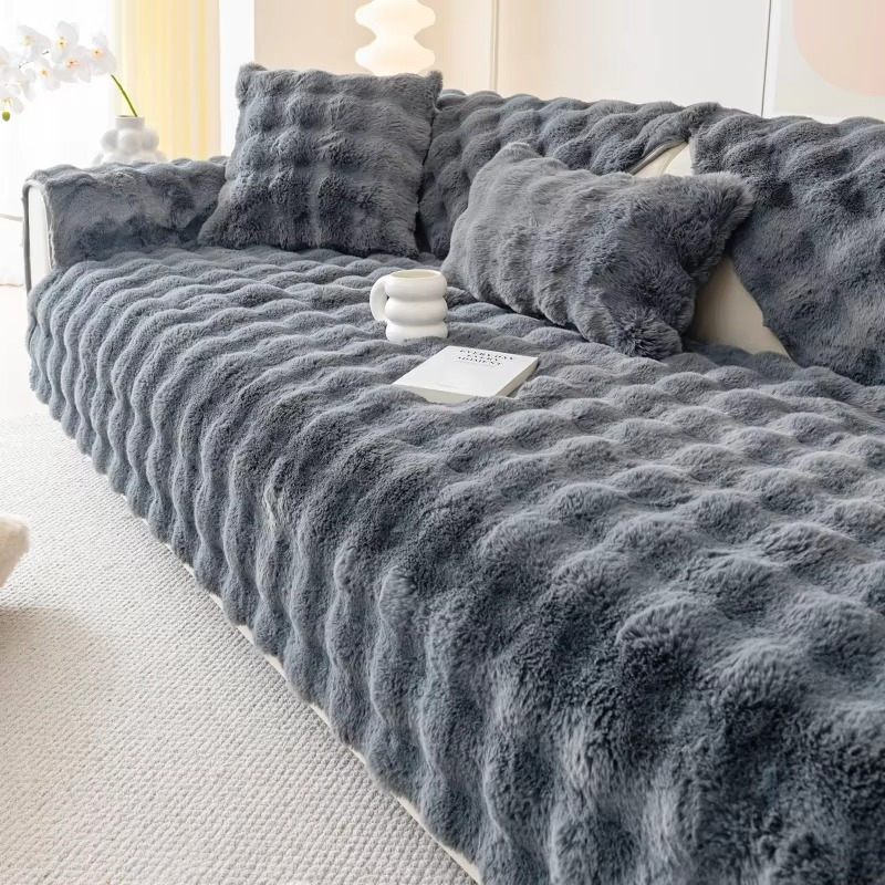 Skanto | Plysj bobletekstuert kunstpels sofa trekk - Antiskli putetrekk for stue