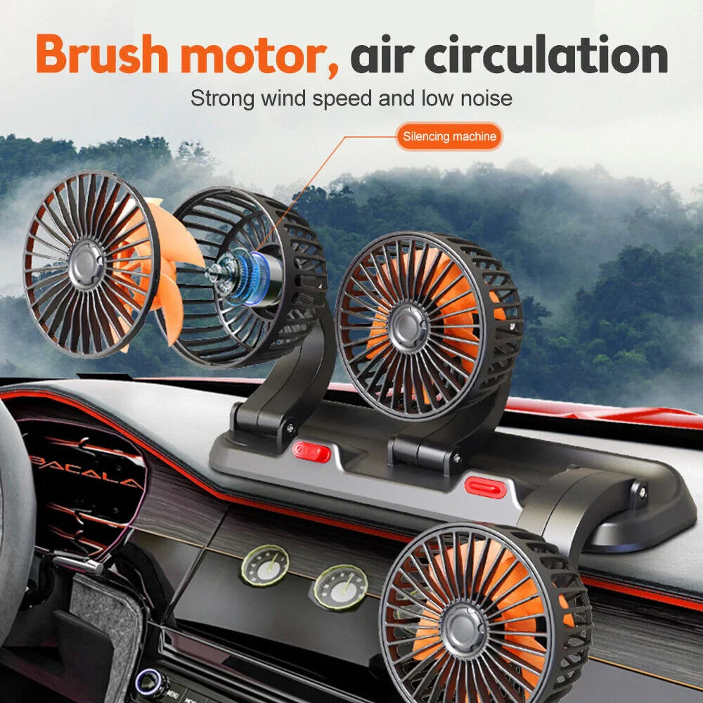 360° Justerbar Bilvifte - 3-Hodet Automotiv Elektrisk Vifte - USB/12V/24V - 2 Hastigheter - Stille Kjøling for Hjem, Skrivebord, Kontor & Bil | Skanto