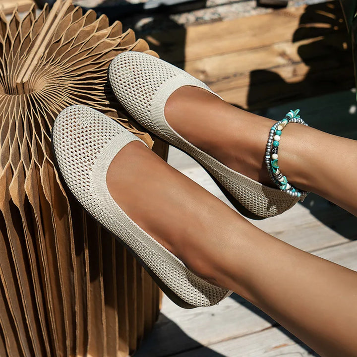 Skanto | Kvinner Rundtå Flat Sko Solid Farge Strikket Tøfler Casual Pustende Ballett Flats Kvinner Flat Sko Loafers Kvinner