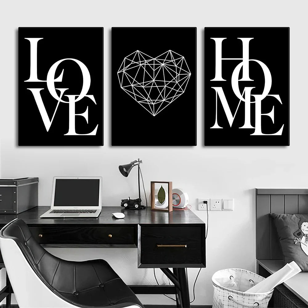 Set of 3Pcs Geometric Love Heart Wall Art Fine Art Canvas Prints Black White Minimalist Posters Pictures For Living Room Bedroom Art Decor | Skanto
