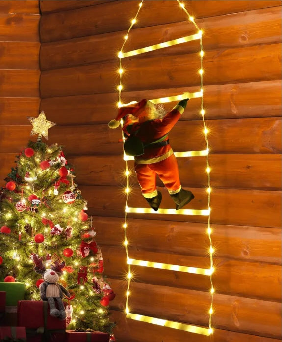 Skanto | Vinterlys | LED Juledekorasjon | Klatrende Julenisse med Stige | 1,5 m / 3 m | 8 Lysmoduser | USB