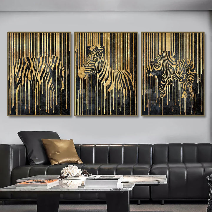 Modern Abstract Golden Zebra Lines Lion Elephant Tiger Wall Art Fine Art Canvas Prints Pictures for Luxury Apartment Living Room Dining Room Art Decor | Skanto