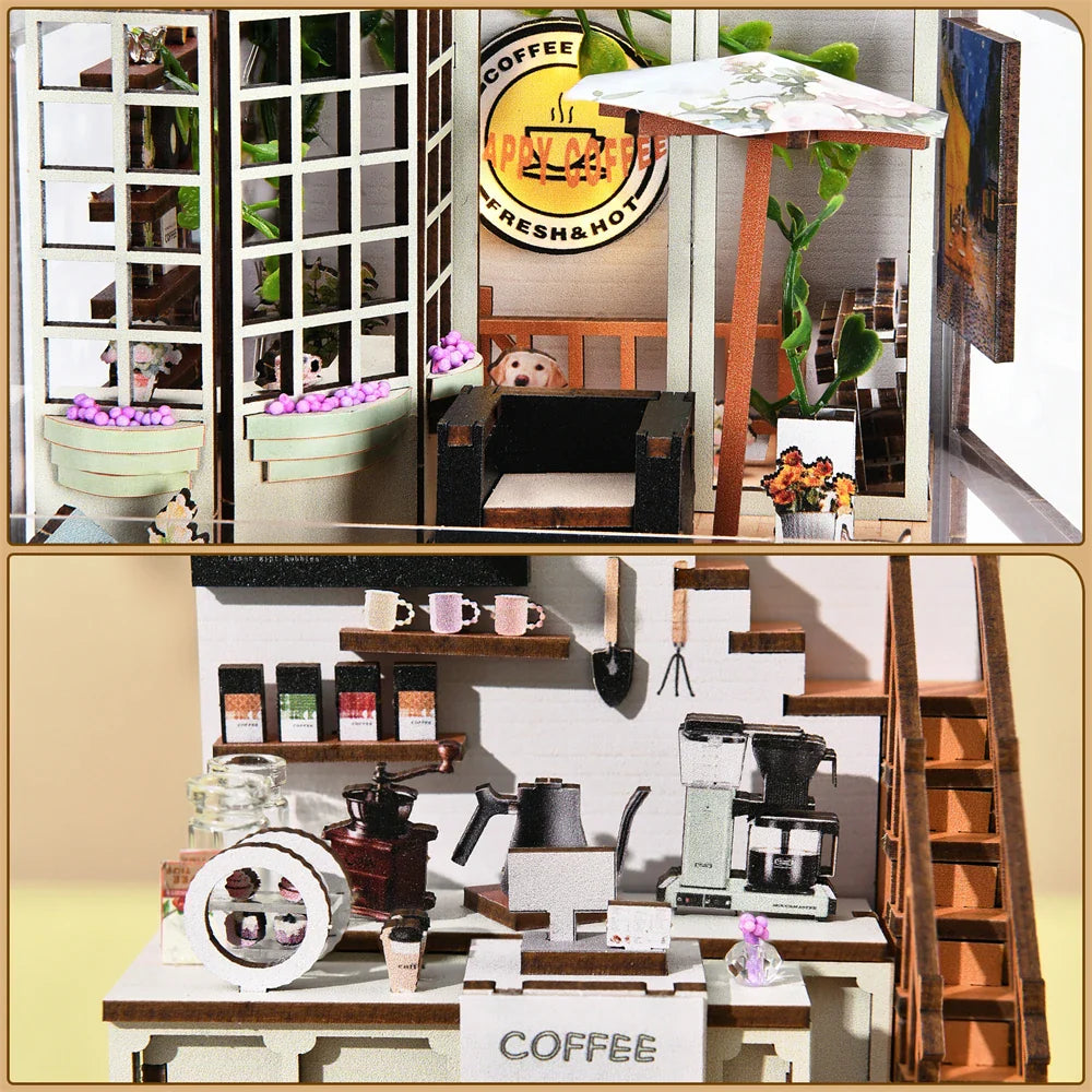 Skanto | SoleCaffè DIY Bokhylle | Miniatyr Kaffehus 3D Trebyggesett | Med LED-belysning | Kreativ Bokhylla Diorama & Gaveidé