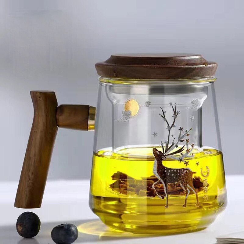 Premium Glass Tea Cup with Filter and Wooden Handle, 470ml | Skanto