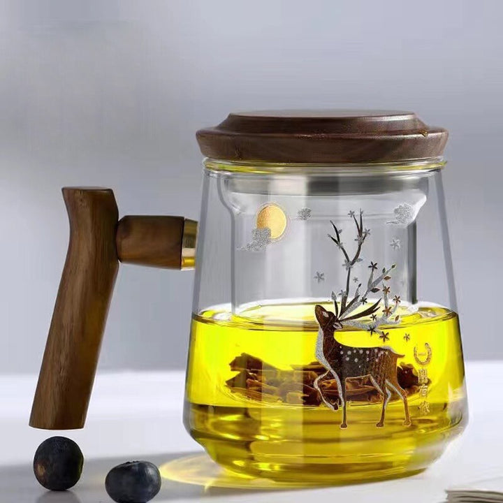 Premium Glass Tea Cup with Filter and Wooden Handle, 470ml | Skanto