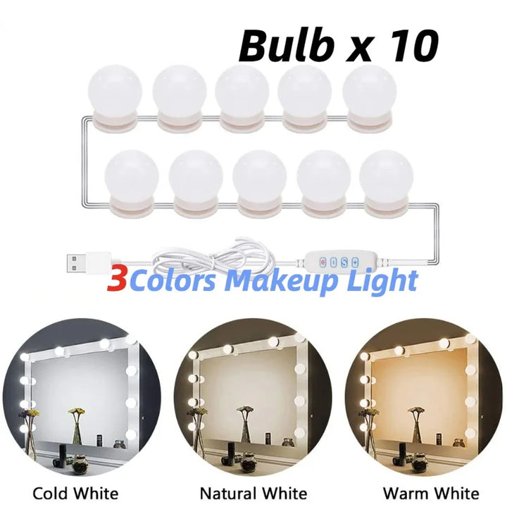 Skanto | Glamora | LED Makeup Speil Lys Sett | 10 Hollywood-Stil Lamper | USB, Dimmbar & 3 Fargemodi
