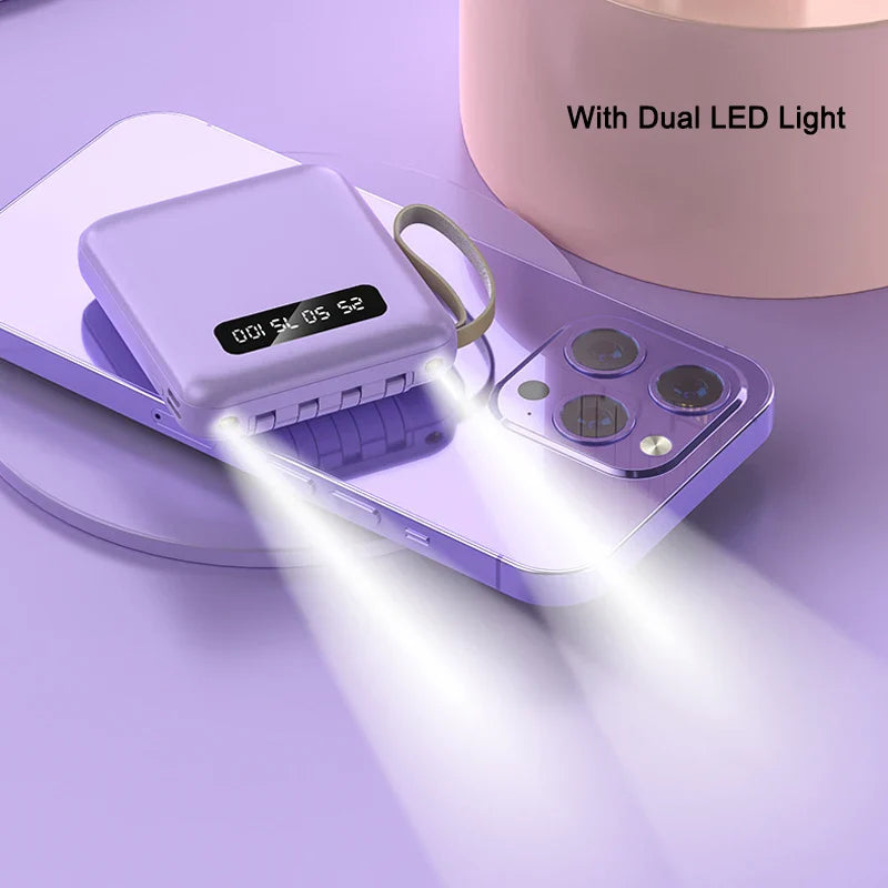 Norvo | Mini Powerbank med Speildisplay | 20,000 mAh | Hurtigladingfunksjon & Integrerte Kabler | For iPhone, Samsung, Xiaomi & mer