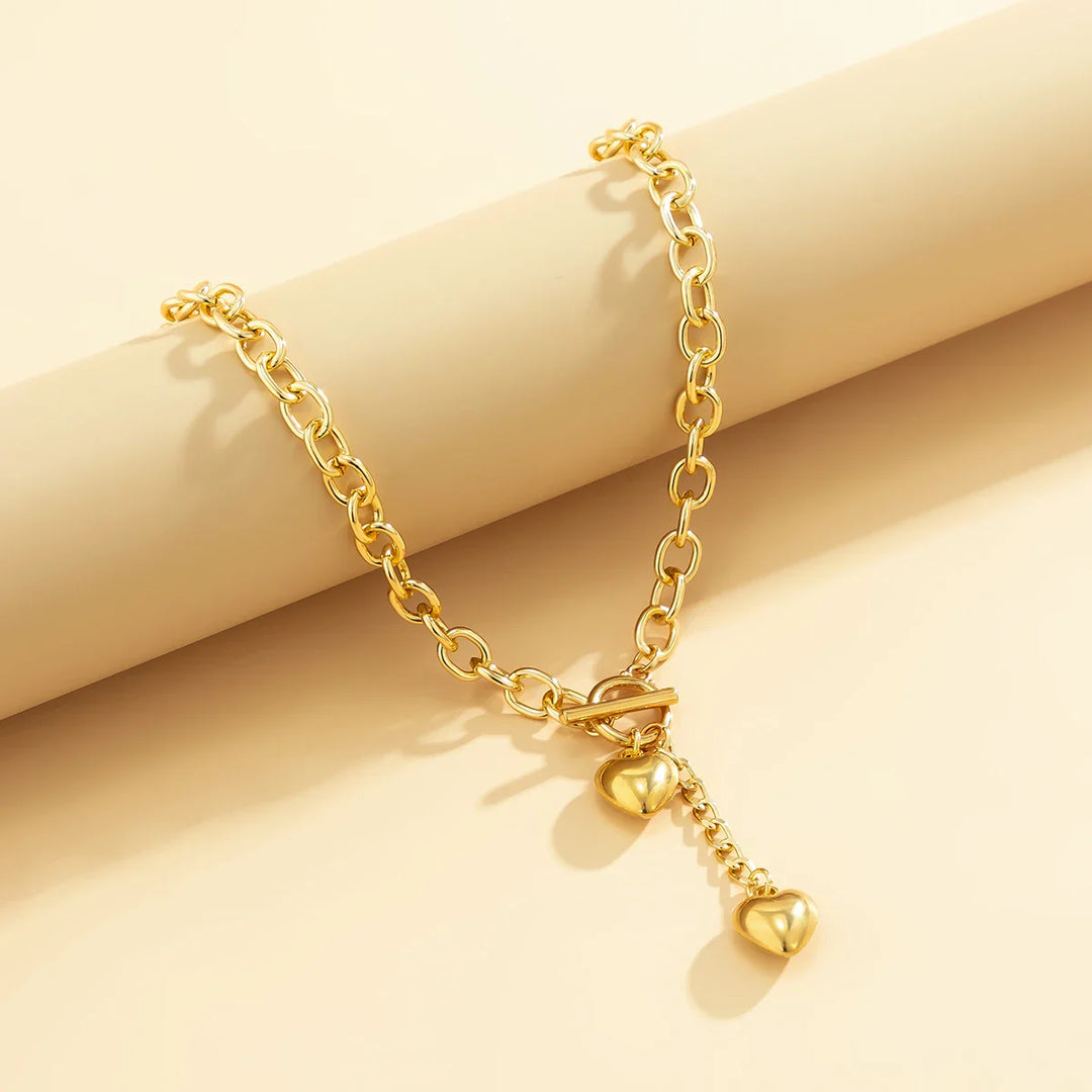 Skanto | Bold Chunky Chain Link Dual Heart Lariat Halskjede & Armbånd