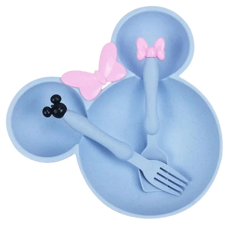 Norvo | 3 stk/set tegneserie baby servise sett: hvetegress barn servise med sløyfe-mat-tallerken, skje, gaffel - barn middag mating tallerken