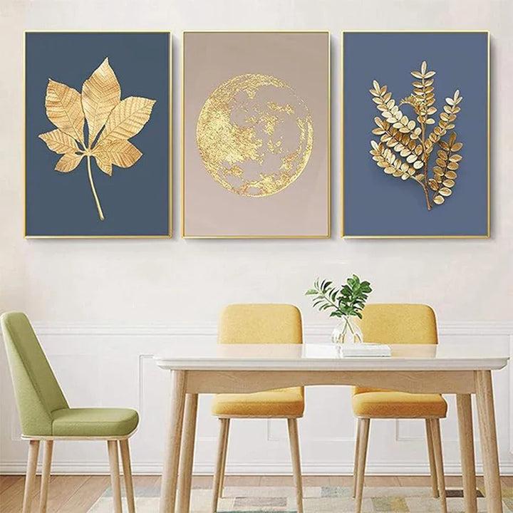 Blue Minimalist Golden Abstract Floral Wall Art Fine Art Canvas Prints Pictures for Luxury Living Room Dining Room Home Office Art Decor | Skanto
