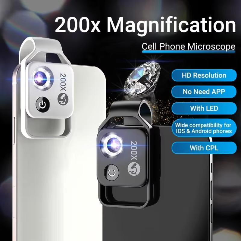Skanto | 200X Zoom Profesjonell Mikroskop Linse for Smarttelefoner med Klype