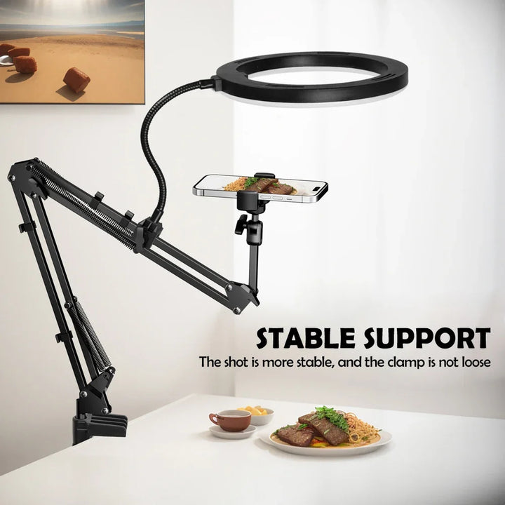 Skanto | LumiFlex LED-Ringlampe med fleksibel arm & telefonholder | 3 lysfarger & USB-port | Perfekt for livestream, video & selfie