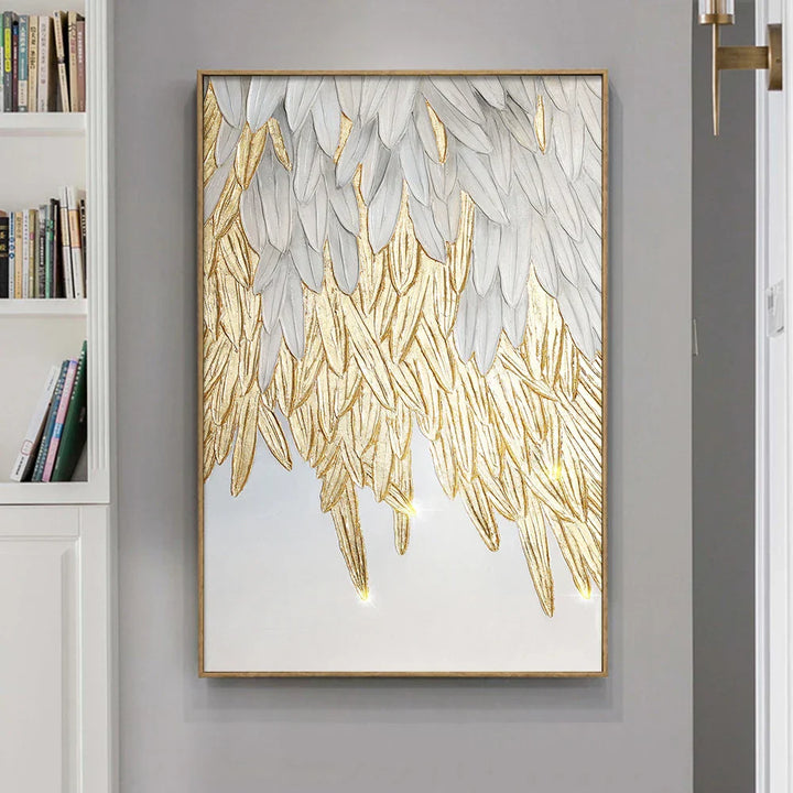 Modern Abstract Golden Feather Design Wall Art Fine Art Canvas Prints Picture For Luxury Living Room Bedroom Entryway Foyer Art Decor | Skanto