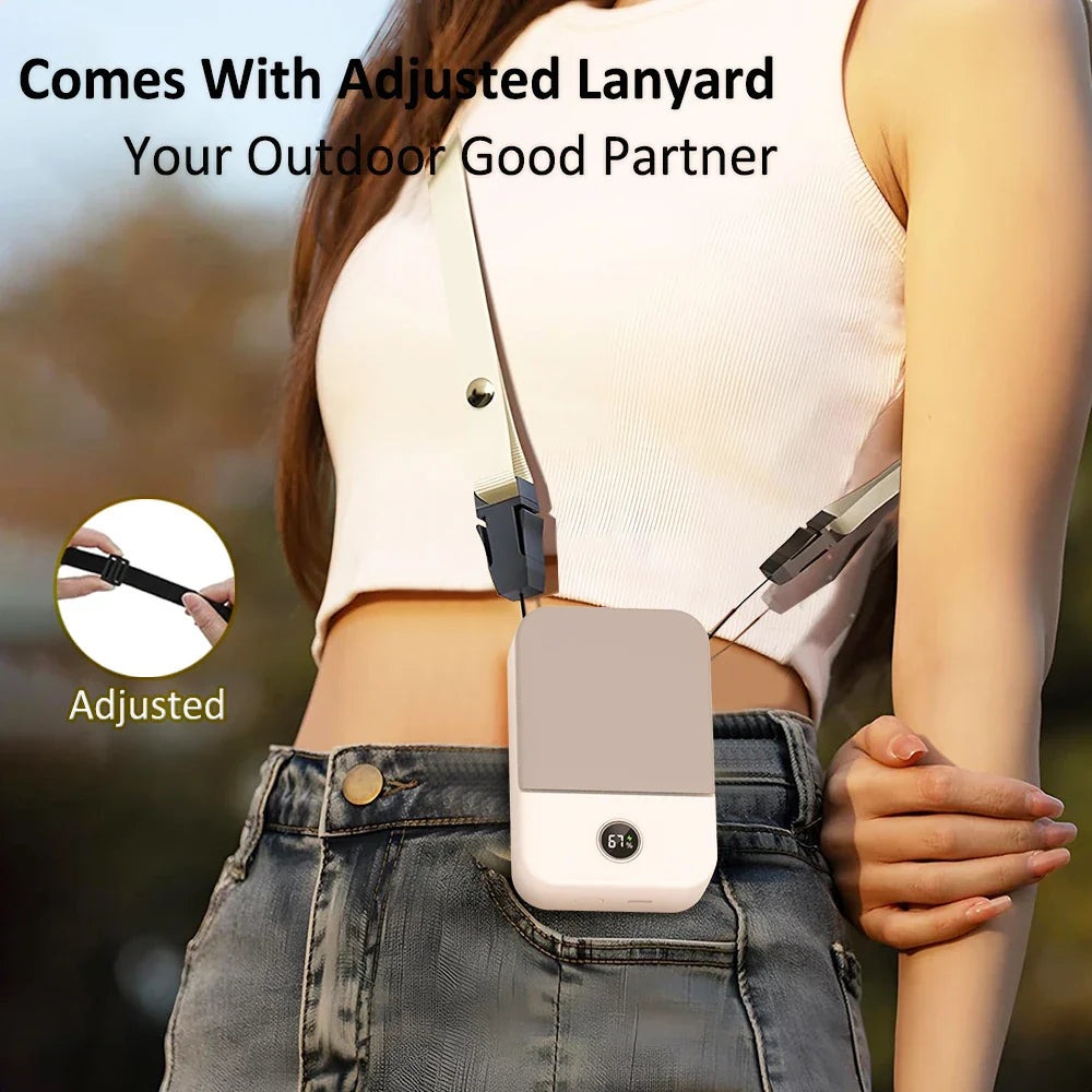 Norvo | Ventixo AirGo Bærbar Mini Vifte | 3-i-1 Nakk- & Livvifte | 3 Hastigheter | Bladøs Design | USB-C Laderfunksjon | 2000 mAh Batteri