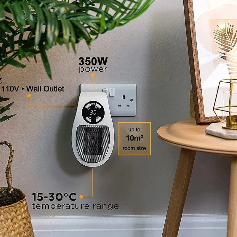 Skanto | ThermoEase 350W Kompakt Varmeapparat | Vegguttak Varmer med Fjernkontroll | LED Skjerm & Timer | 180° Rotasjoner Plugg