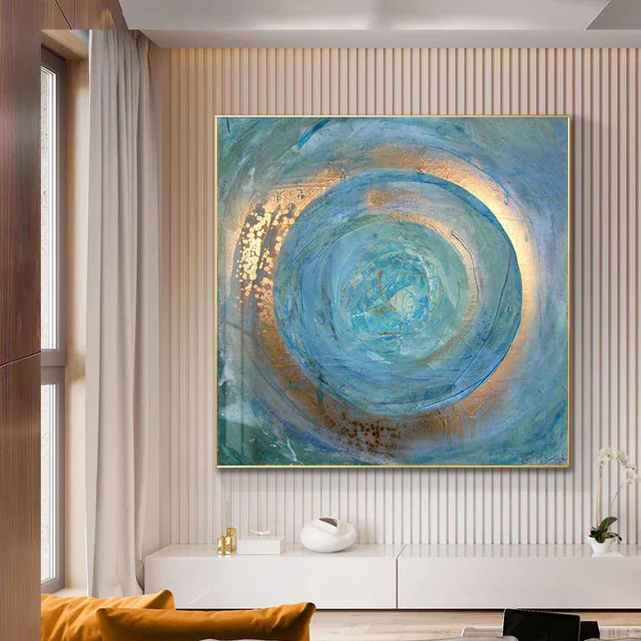 Blue Golden Swirl Circle Wall Art Fine Art Canvas Prints Square Abstract Pictures for Living Room Bedroom Home Office Art Decor | Skanto