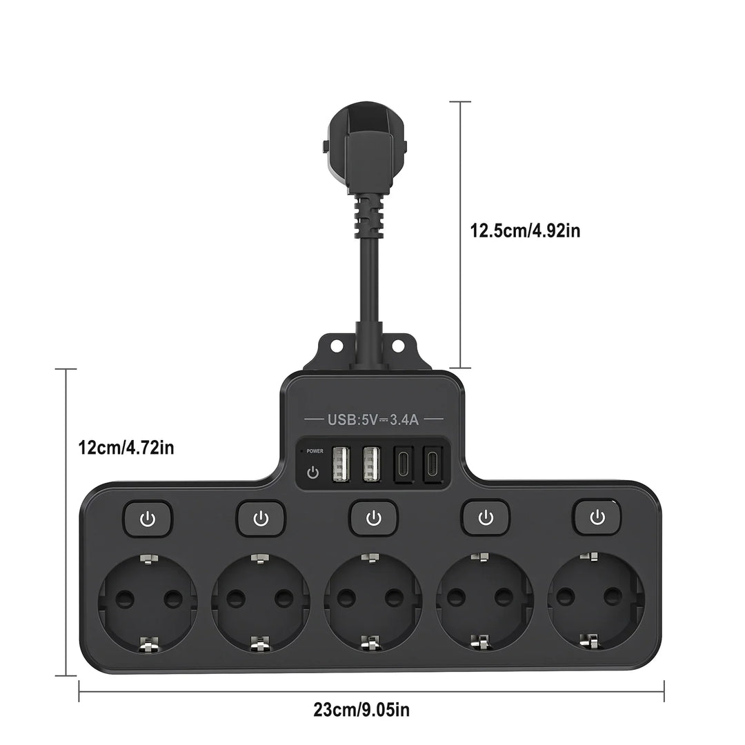 Skanto | Voltaro Pro 9-i-1 | Strømskinne EU | 5 AC-utganger + 4 USB (2× Type-C) | Individuell bryter | 16A | Kort kabel 10 cm