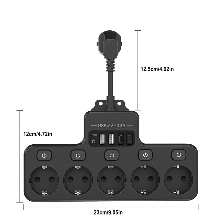 Skanto | Voltaro Pro 9-i-1 | Strømskinne EU | 5 AC-utganger + 4 USB (2× Type-C) | Individuell bryter | 16A | Kort kabel 10 cm